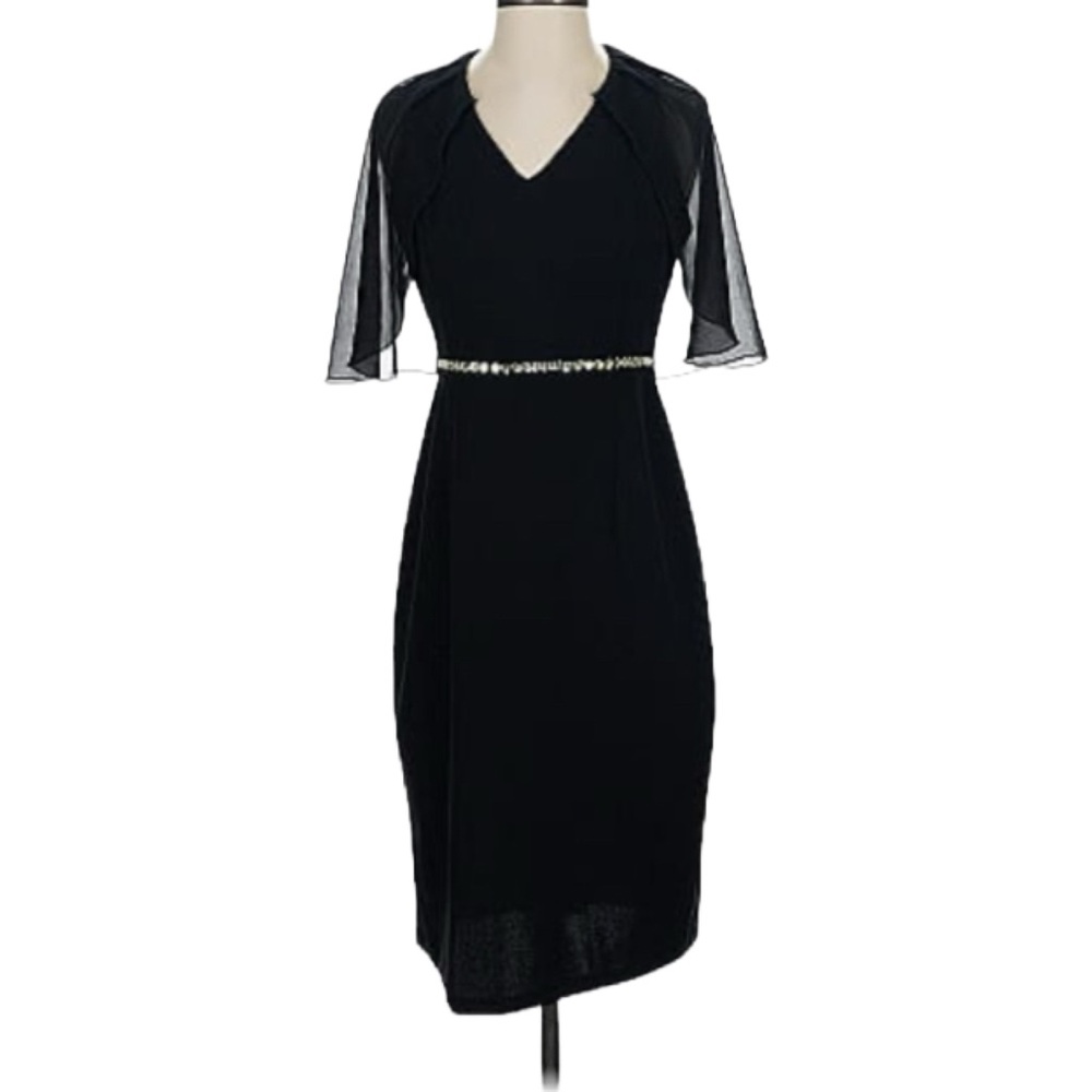Alexa B Nites Black Cocktail Dress Sheer Cape Sleeves Jeweled Waistband Sz 8 NWT